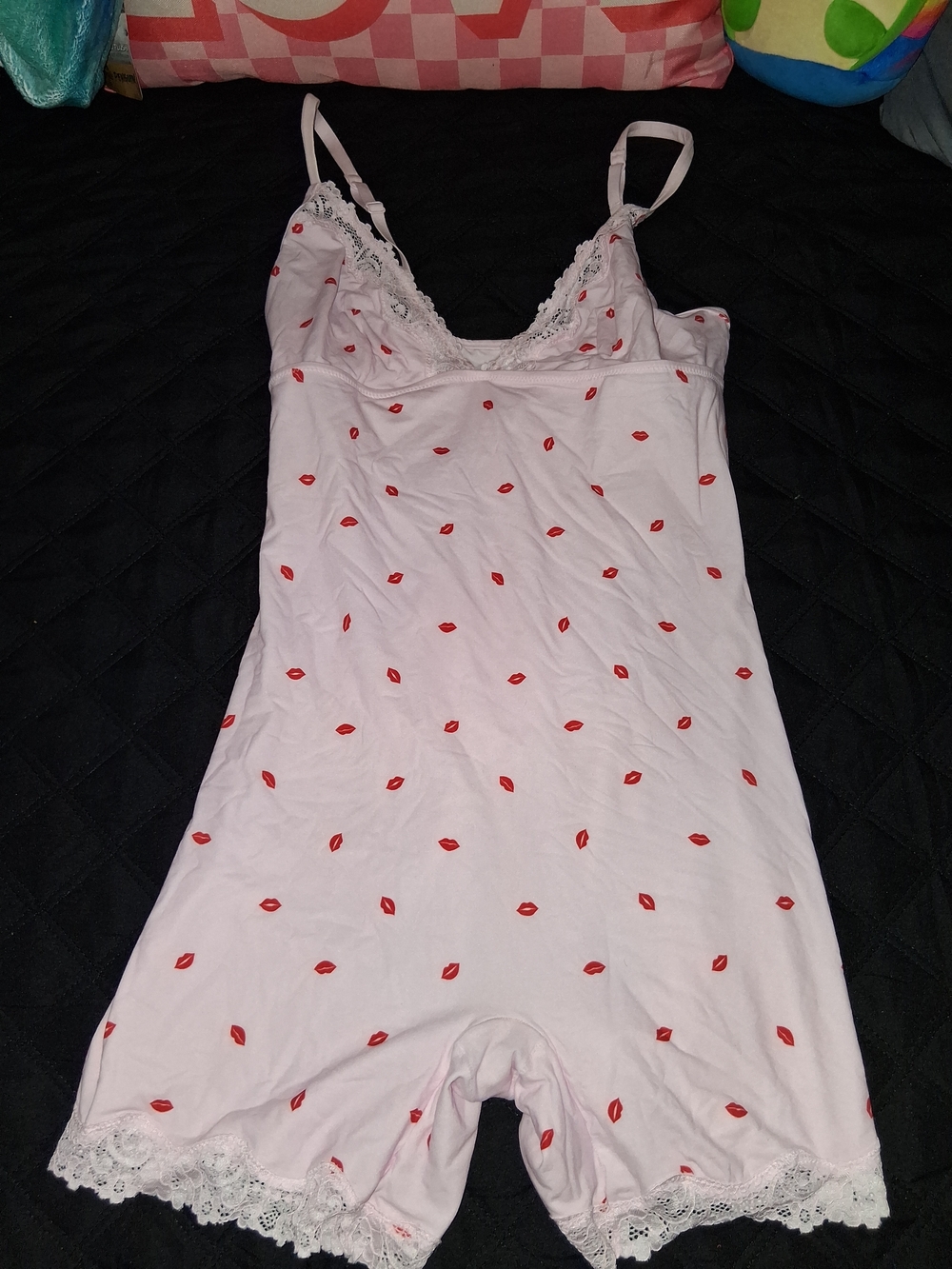 Women’s Pink Lace-Trim Sleeper Romper with Red Lip Print